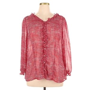 Avenue Long Sleeve‎ Blouse Size 14 /16 Red White Ruffle Button Front Semi Sheer
